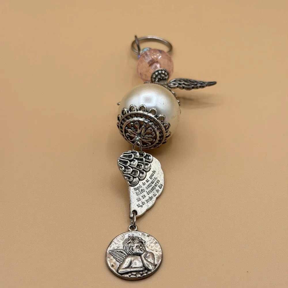 Guardian Angel Keychain Pearl Pink Bead Cherub Wing Charm Religious Prayer Gift